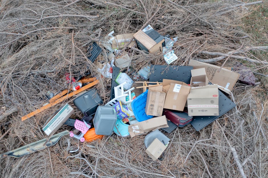 An outdoor scene showing a large pile of mixed household waste and discarded items strewn across dry, brown shrubbery and sparse grass. The heap includes various cardboard boxes, some flattened and others partly collapsed, alongside black plastic trays and containers, as well as a small wooden crate and plastic baskets in blue and gray. A red aluminium can, a pink plastic toy, and a gray plastic husk or container are visible among the debris, with some of the boxes displaying printed labels or barcode stickers. The waste appears to have been dumped in a natural environment, surrounded by thin, leafless twigs and branches, creating a chaotic scene that exemplifies illegal dumping or unmanaged waste that could be addressed through private rubbish collection or clearance services provided by Waste Clearance Harringay. The lighting suggests an overcast day with diffuse natural light highlighting the varied textures and colors of the discarded materials.