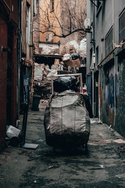 The image shows a narrow urban alleyway filled with scattered rubbish and debris, including a large, black, wheeled trash bag or container in the foreground. Behind it, there are stacks of cardboard boxes, plastic bags, and other waste materials piled against a graffiti-covered wall and a background of brick buildings. The ground is wet and muddy, with small pieces of trash and debris visible along the pavement. On the right side, a building with grey metal siding and barred windows lines the alley, while on the left, an older brick wall with visible wear and graffiti provides a contrasting backdrop. The scene is dimly lit, likely during overcast weather, with leafless trees overhead suggesting the winter season. The overall environment appears to be an area in need of waste clearance, potentially managed by an independent rubbish removal service such as Waste Clearance Harringay, highlighting a typical urban challenge related to private waste handling and disposal.